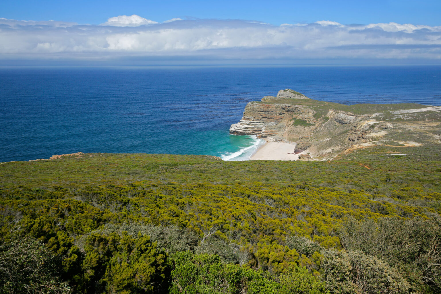 A view overlooking the Cape of Good Hope from Cape Point in Table Mountain National Park, showcasing vibrant blue waters meeting a hint of sandy beach against a backdrop of lush dark green fields.