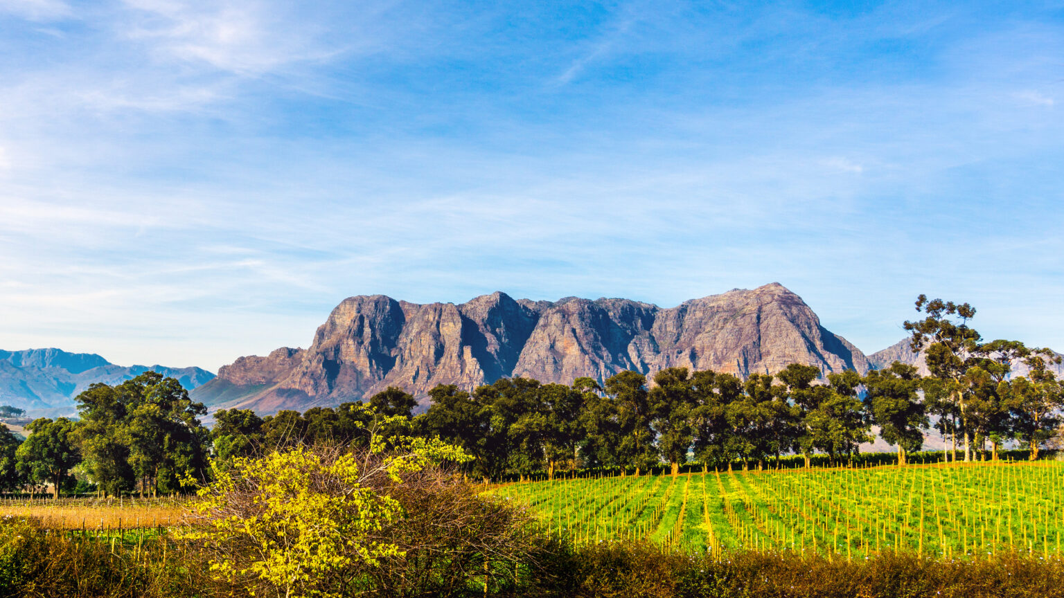 Hottentot-Holland Mountains surrounded by vineyards and farmland in the wine region of Stellenbosch in the Western Cape of South Africa