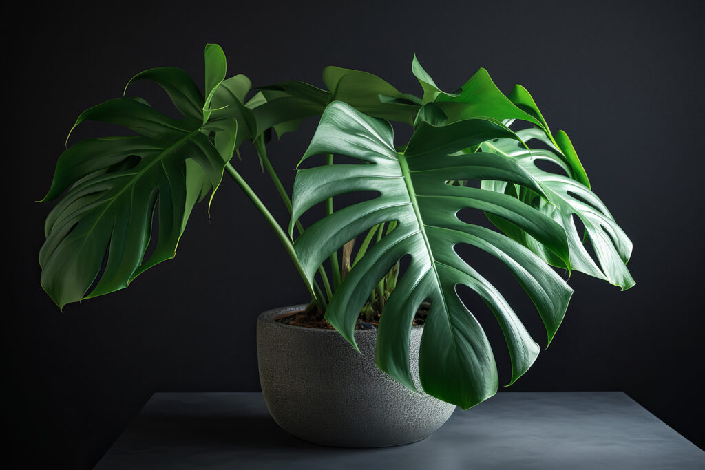 A potted Monstera deliciosa set against a dramatic black background with bright green leaves illuminated by stage lighting