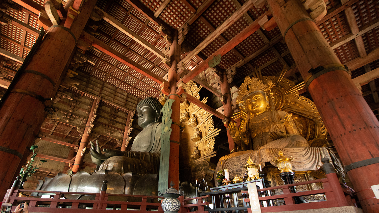 Looking up at the Great Buddha and a Bodhisattva at the Todaiji.