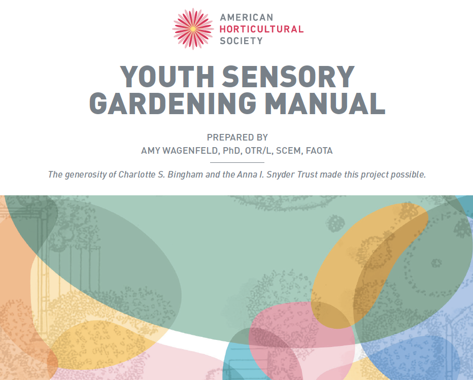 Cover image of Youth Sensory Gardening Manual. Text with colorful overlapping circles.