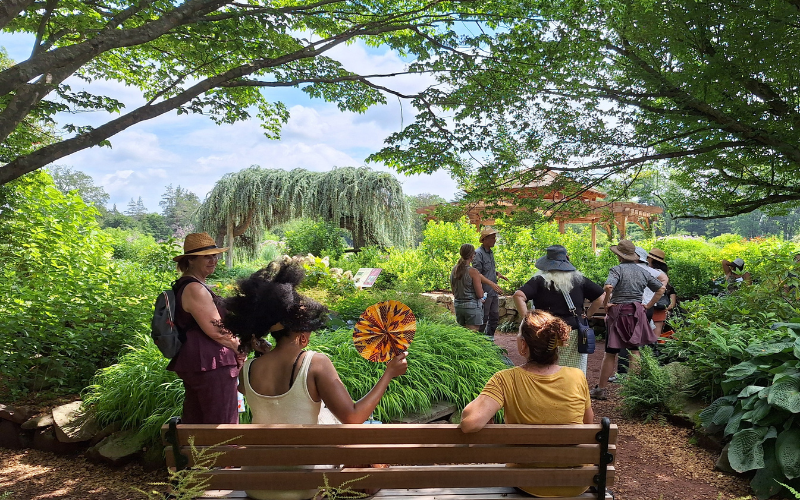 Several individuals sit on and stand near a bench in a lush outdoor garden with green trees and plants.