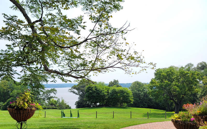 View of the Potomac River and a grassy bank with trees.