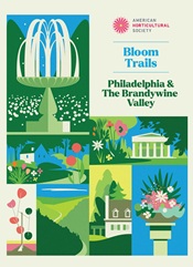 Green and blue text and illustrations of gardens