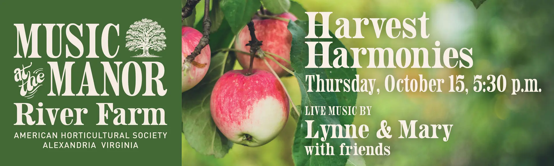 Harvest Harmonies graphic with white text on an image with red apples on a blurred green background